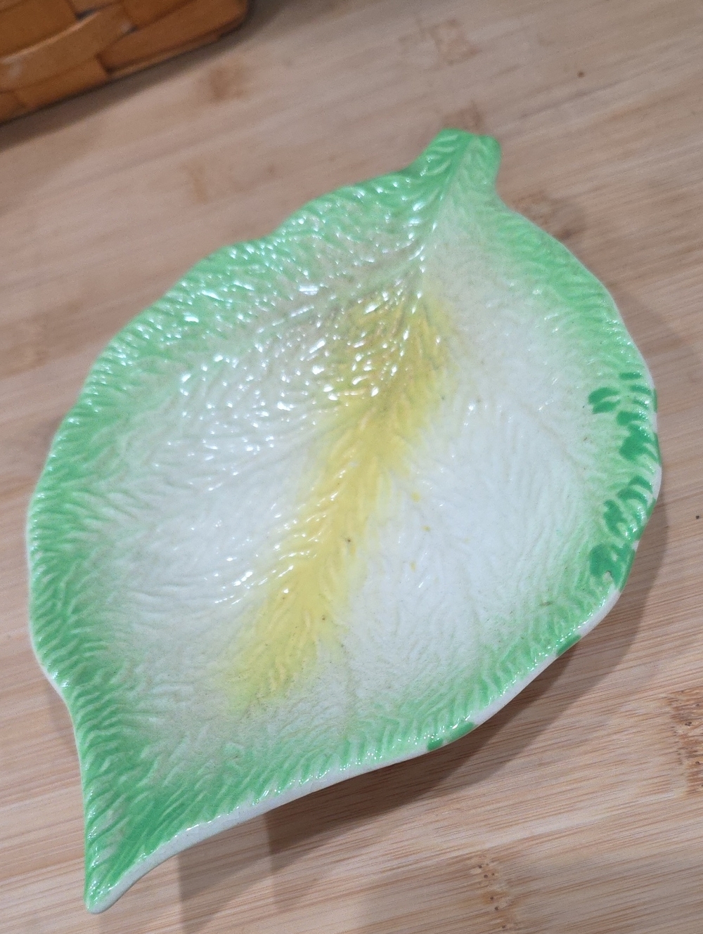 Leaf-Shaped Ceramic Dish in Green and Yellow - Home Art. Vintage 1950s -70s.